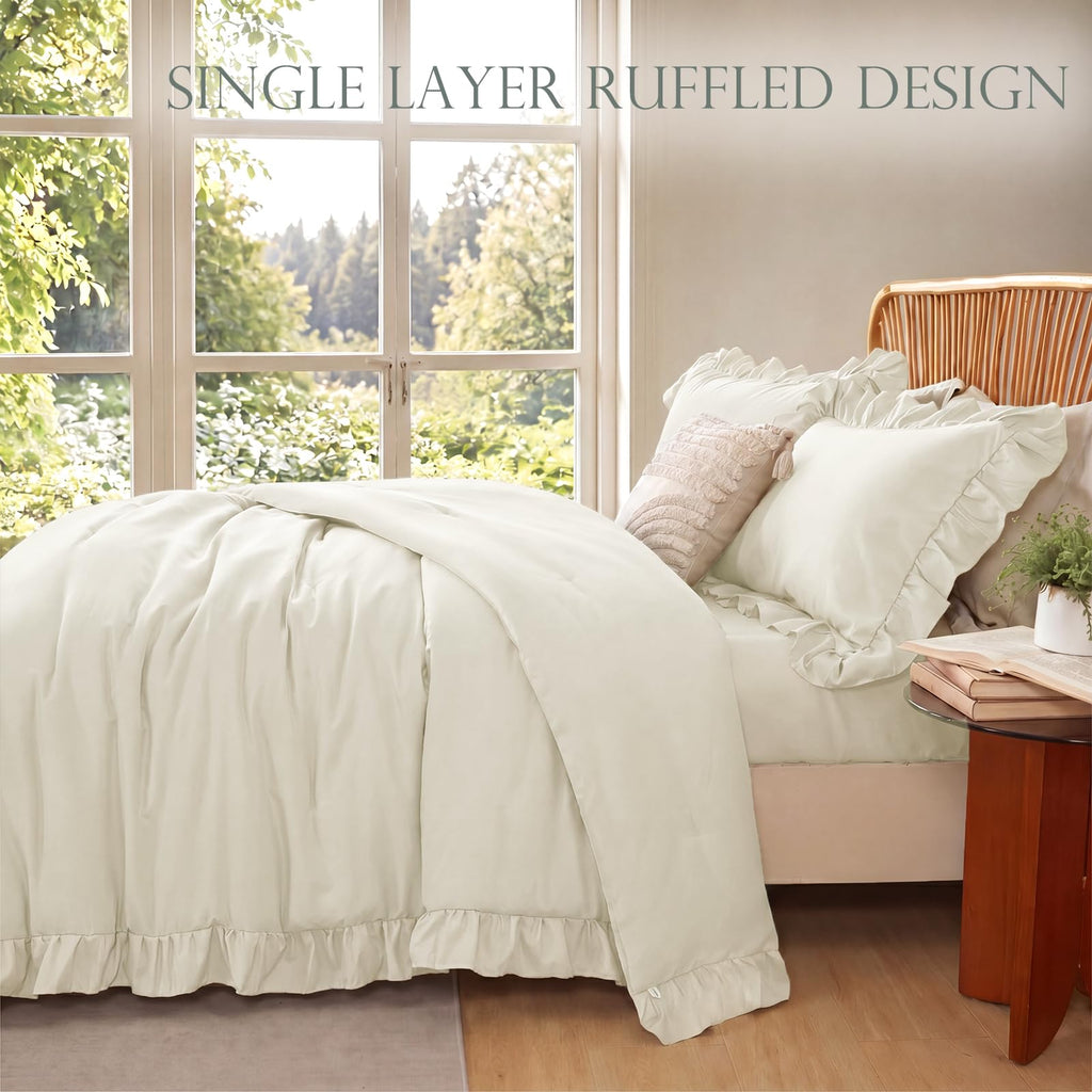 Beige Queen Comforter Set 5 Pieces Ruffle Shabby Chic Bedding Set for All Season Lightweight Fluffy Soft Microfiber