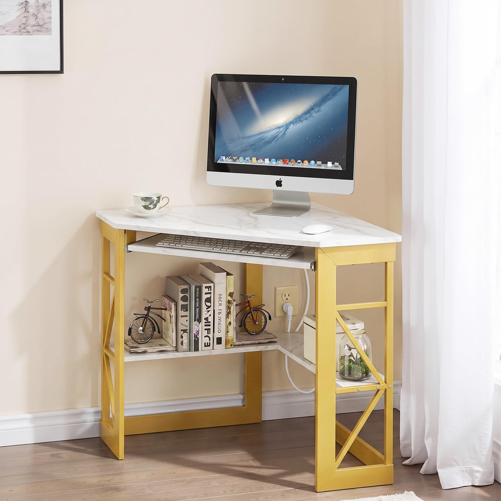 Corner Desk, Triangle Computer Desk for Small Space with Charging Station and Keyboard Tray, Corner Makeup Table with