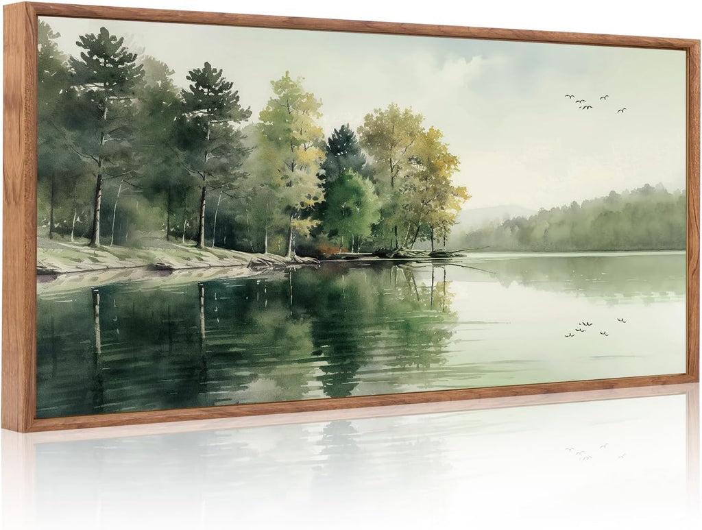 Framed Nature Canvas Wall Art Set,Misty Forest Wall Decor,Green Mountain Forest Pictures,Lake Water Painting set of