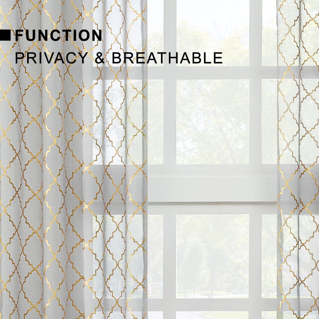 Grey Sheer Curtains with Gold Moroccan Tile 52x84 Inch 2 Panels