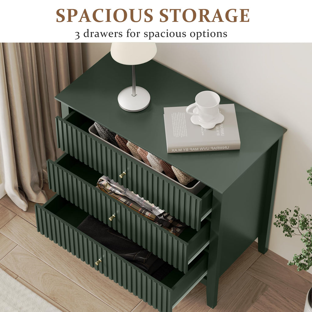 Fluted 3 Drawer Dresser, 32" Wide Nightstand, Green