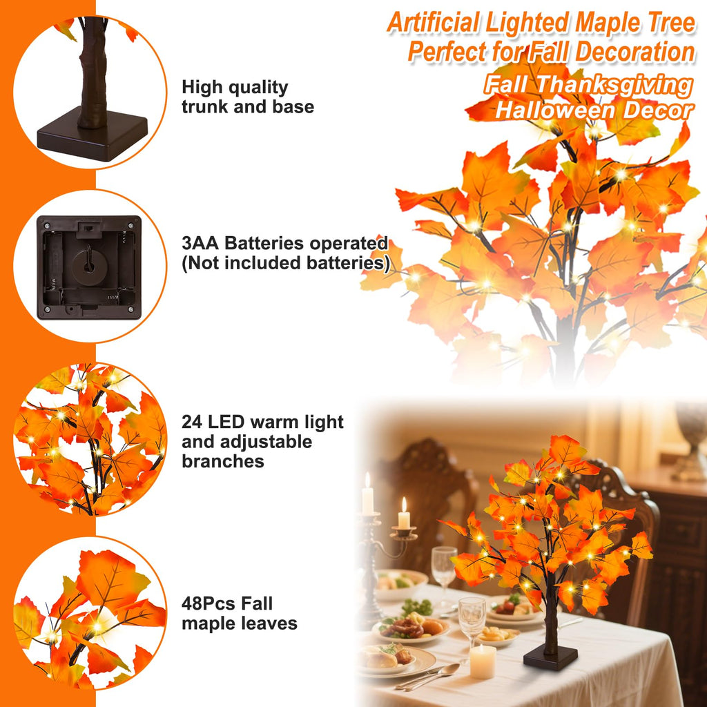 Fall Decor 2 Pack Fall Trees Artificial Lighted Maple Tree Thanksgiving Decor 48 LED Table Fall Lights Up Tree