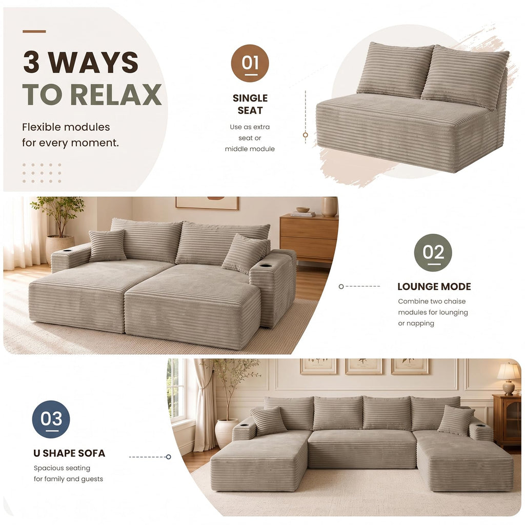 134" U Shaped Sectional Sofa with Double Chaise No Assembly Coffee