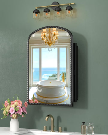 20"x28" Black Medicine Cabinet , Surface Mount or Recessed Medicine Cabinets with Storage and Arched Mirror