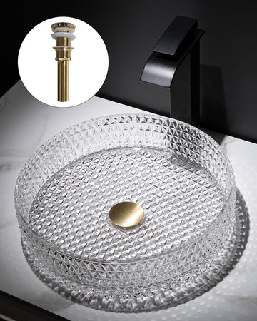 Homary Bathroom Vessel Sink Round Vessel Sink 15.35" x 4.33" Transparent Diamond Shaped Crystal Glass Bathroom Sink