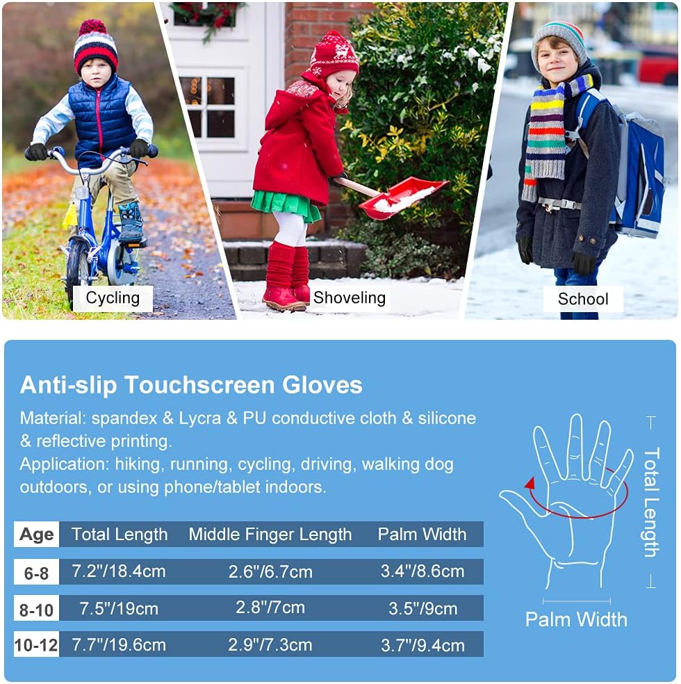 Kids Winter Touch Screen Gloves - Cold Weather Windproof Waterproof Fleece Warm Gloves Anti-Slip Cycling Mittens