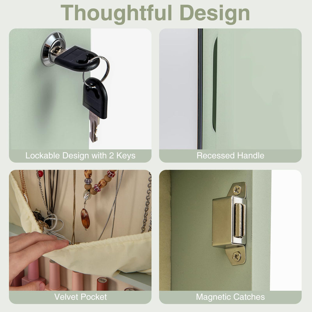 Wall Mounted Jewelry Armoire with Full Length Mirror & 2 LED Lights, Large Storage Capacity, Lockable Mirror Jewelry