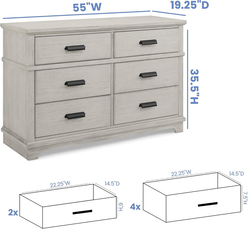 Asher Crib and Dresser Nursery Furniture - 6-in-1 Convertible Crib with Toddler Rail | Fully Assembled 6 Drawer