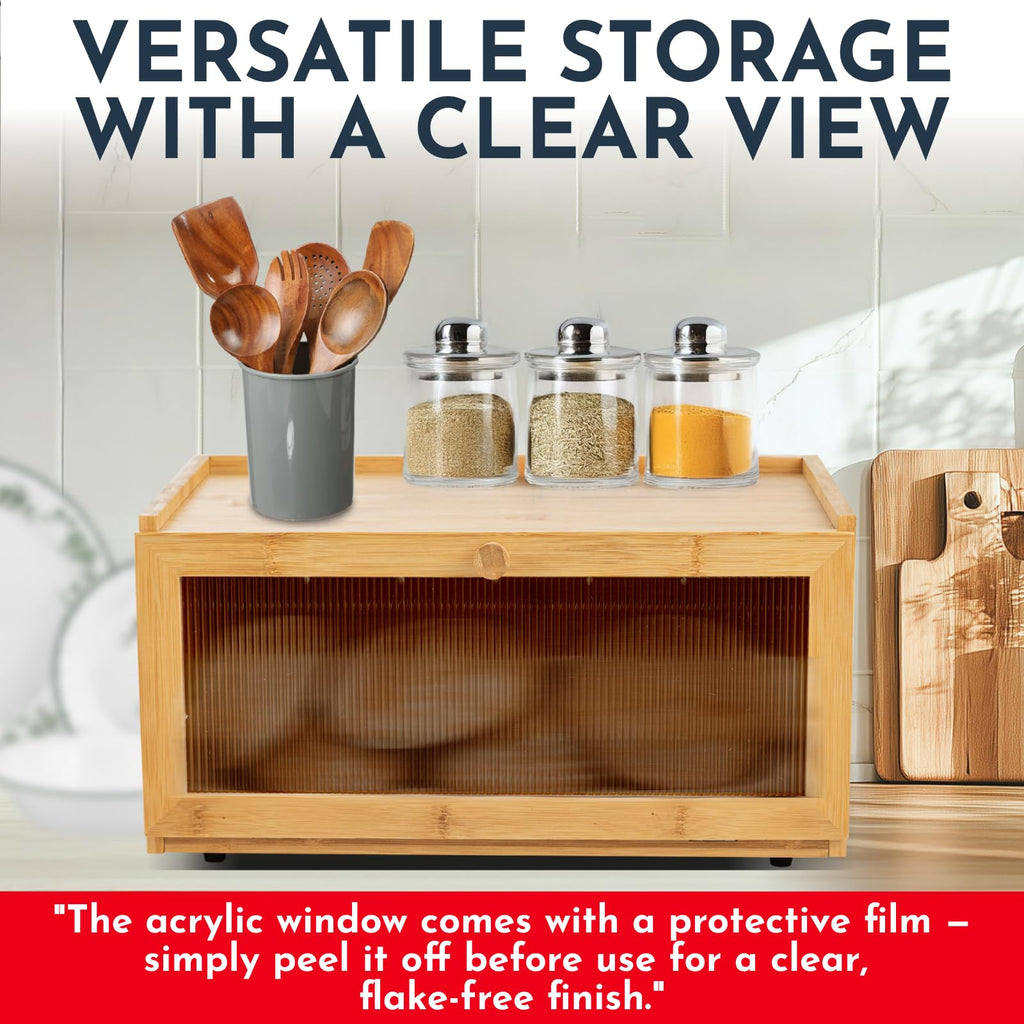Bread Box - Large Bamboo Countertop Acrylic Window, Extra Storage