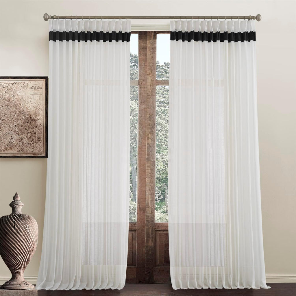 Window Sheer Curtains 42 inches Wide, White with Black Border Semi Pinch Pleated Sheer Curtains Panels Drapery, 42" W