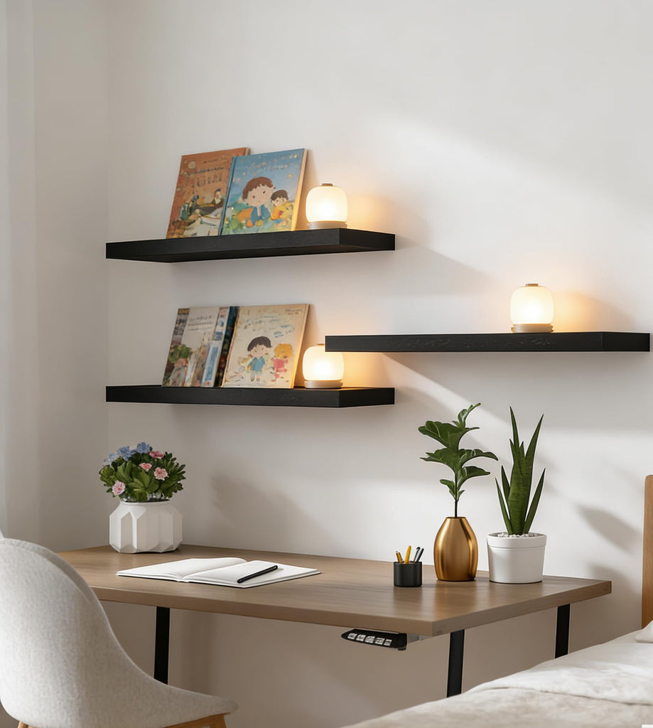 24 Inch Rustic Wood Floating Shelves Farmhouse Wooden Wall Shelves Bedroom Living Room Kitchen Office Set of 4 Black