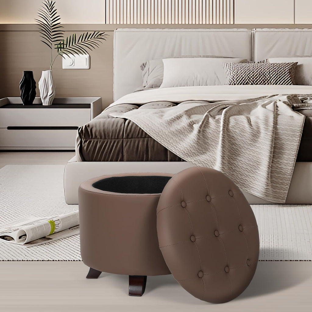 20 Inch Small Ottoman with Storage, Round PU Leather Storage Ottoman with Removable Lid, Stylish Footstool Foot Rest