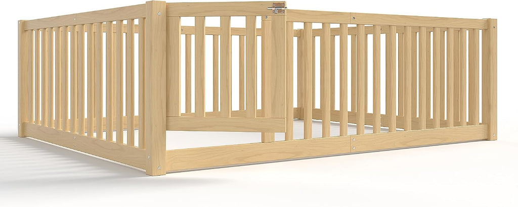 Full Size Kids Montessori Floor Bed with Door,Solid Wood Floor Bed Frame with High Fence for Girls,Boys,Natural