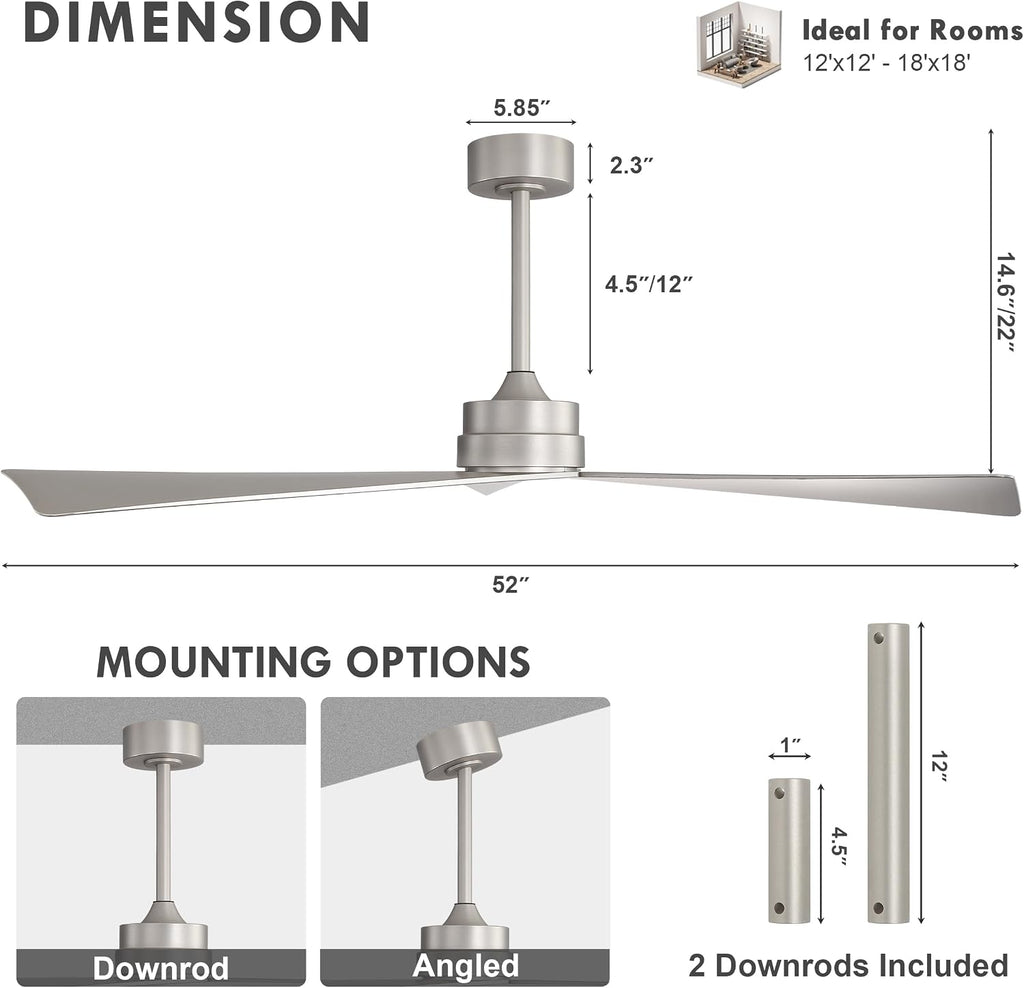 Inspired Adler Style 52" DC Ceiling Fan Without Light, 3 Sculpted ABS Blades, 6-Speed Remote - Brushed Nickel
