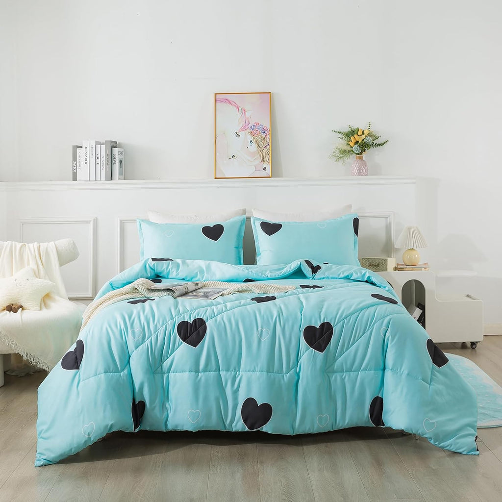 Love Pattern Girls Comforter Set Full, Sky Blue Cute Love Heart Print Comforter Bedding Set for All Seasons
