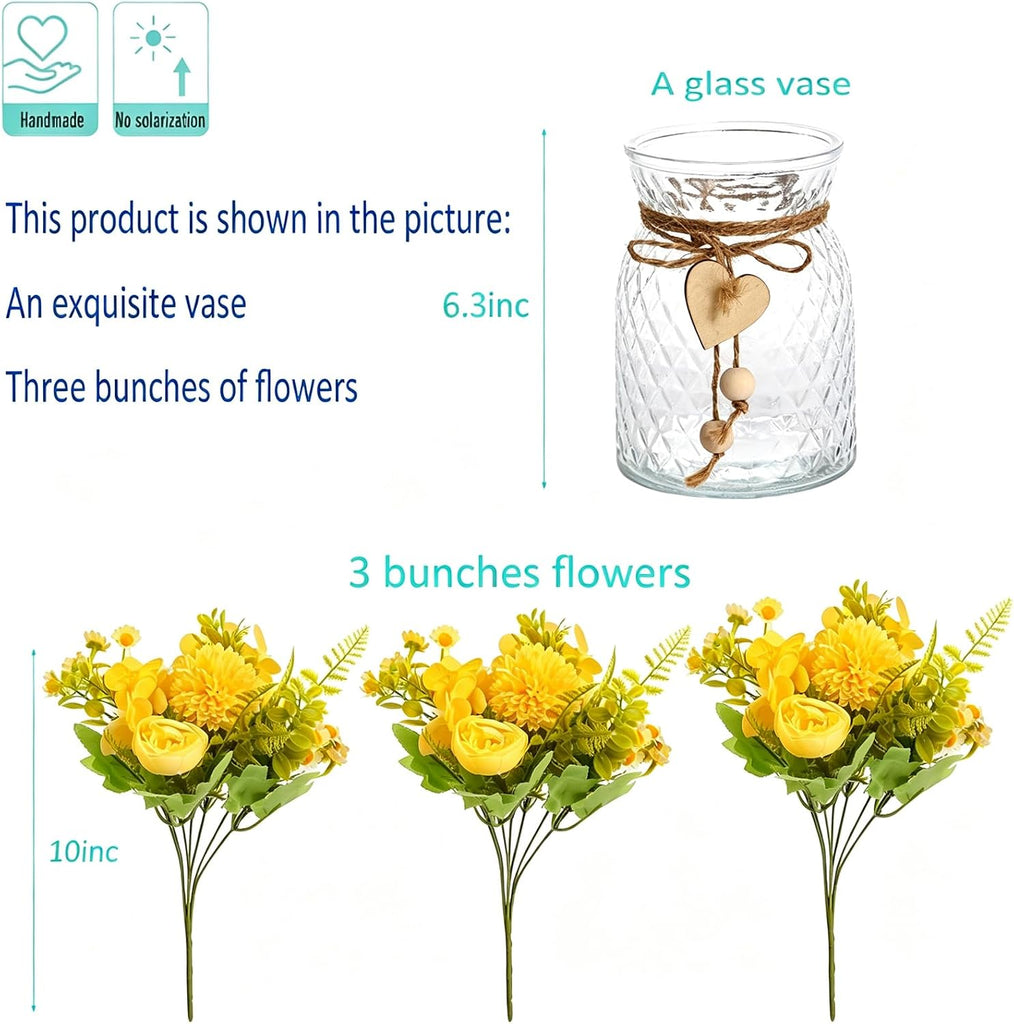 Faux Flowers with Vase,Artificial Silk Peony in Vases Fake Flower Hydrangeas Arrangement for Dining Table Home Office
