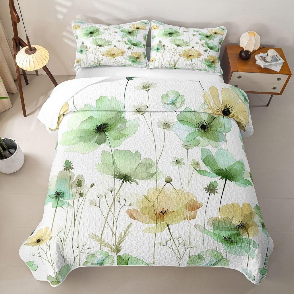 Watercolor Floral Quilted Bedspread Set Sage Flower Coverlet Set Modern Minimalist White Bed Set Farmhouse