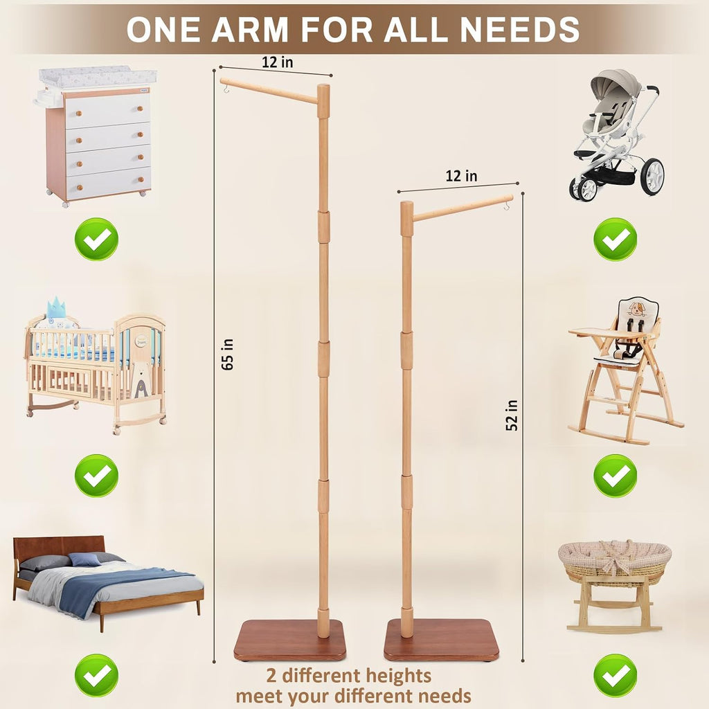 Floor-Standing Crib Mobile Arm with Music Box - 65 Inch Mobile Arm for Crib - 100% Beech Wood - Crib Mobile Motor