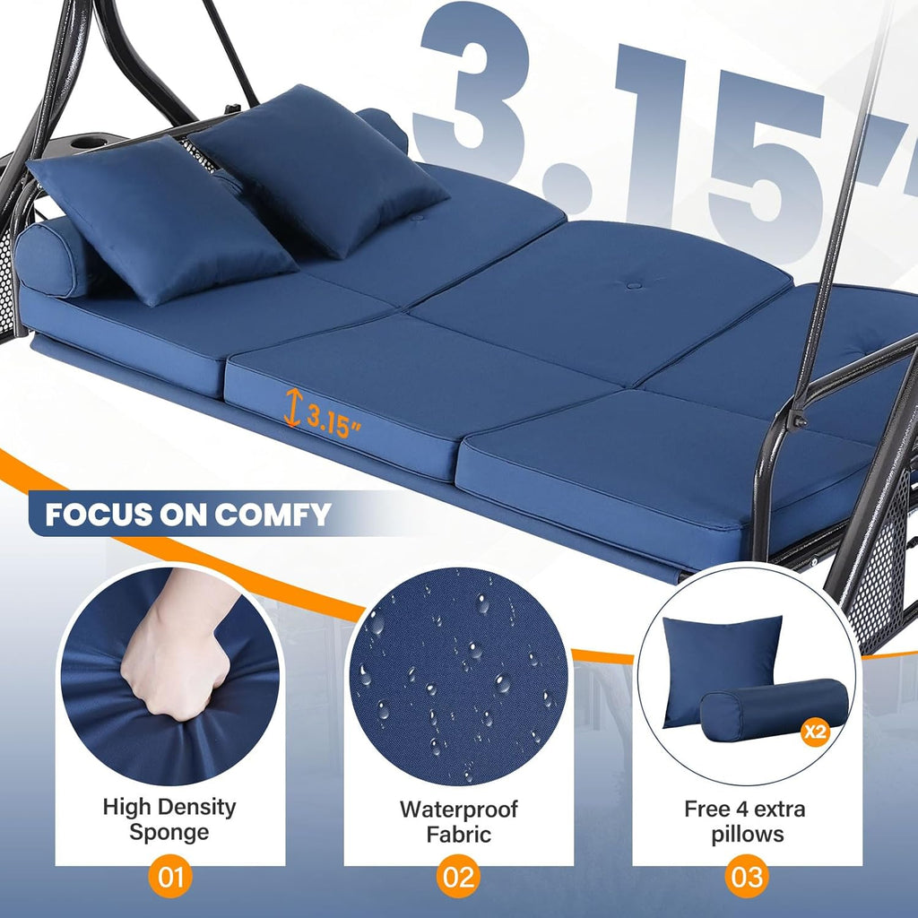 3 Seat Outdoor Porch Swing with Adjustable Canopy,2 in 1 Patio Swing Bed with Stand 800lbs for Adults,Outdoor Swing