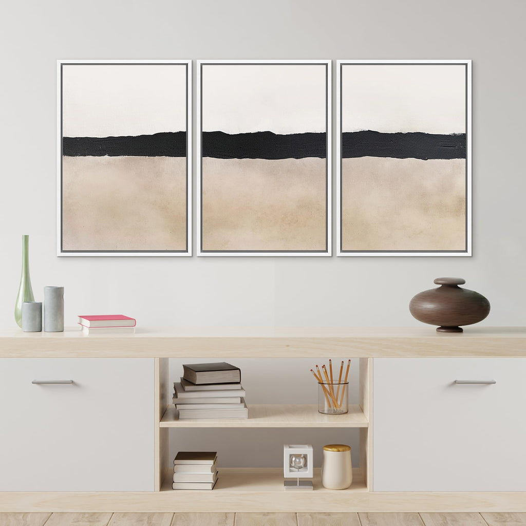 Framed Wall Art Print Set Minimalist Abstract Black Horizontal Brushstroke Illustrations Modern Art Boho Decorative
