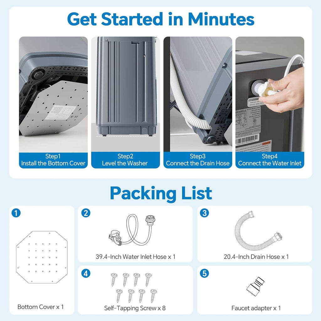 Portable Washing Machine, 7.7 lbs Full-Automatic Compact Laundry Washer, Stainless Steel Drum, 10 Wash Cycles