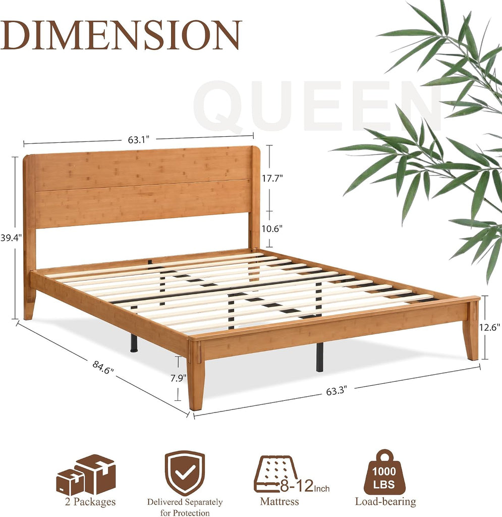 Japanese Joinery Bed Frame, Bamboo Platform Bed with Headboard