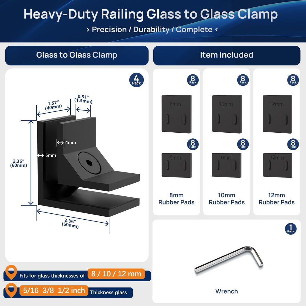 4 Pack Glass to Glass Clamp Frameless 90° Glass Railing Clamp