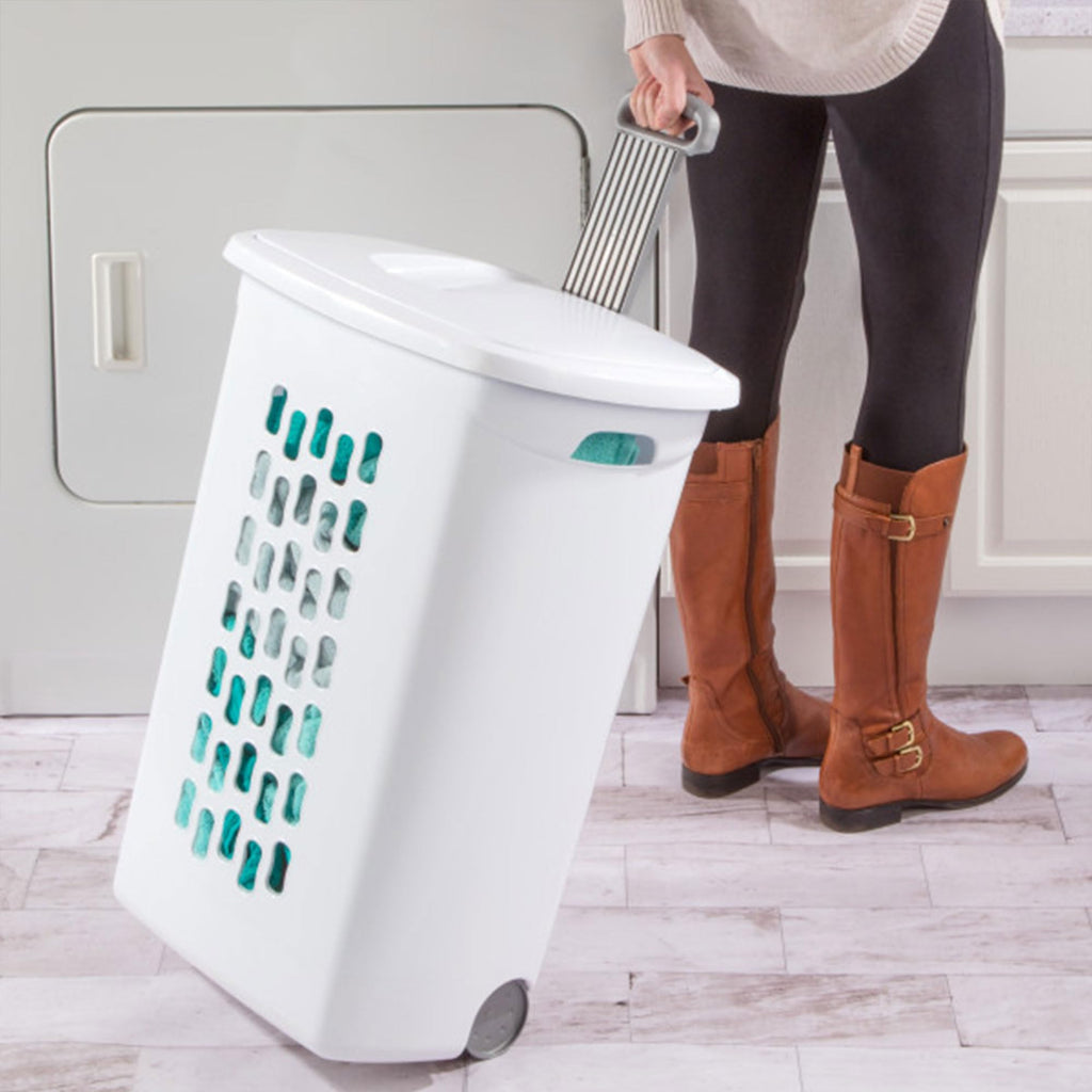 9-Pack Ultra Wheeled Hamper, Laundry Basket w/Flip-Top Lid & Retractable Handle - Plastic Rolling Clothes Storage