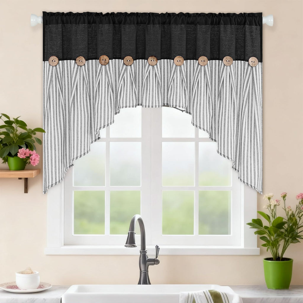 Farmhouse Cotton Linen Swag Valances for Windows, Boho Kitchen Curtains Valances with Rustic Buttons, Black Striped