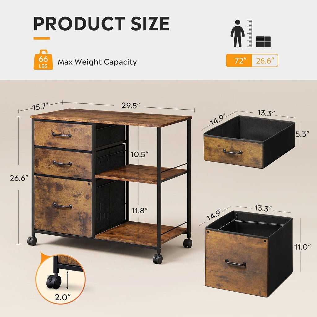 3 Drawer Mobile File Cabinet with Open Storage Shelf | Rolling Printer Stand, Fabric Lateral Filing Cabinet fits A4