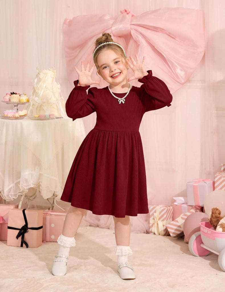 Toddler Girls Puff Long Sleeve Bowknot Fall Winter Party Dress