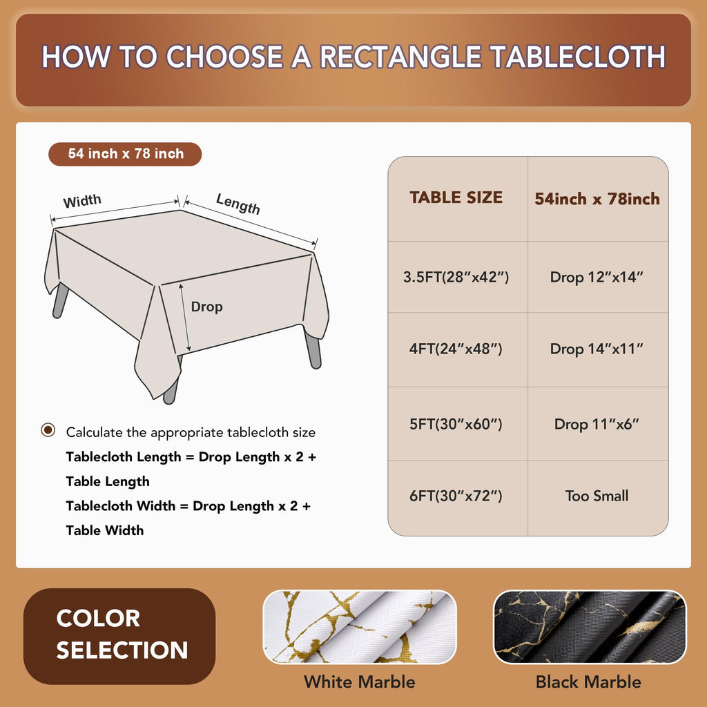 100% Waterproof Vinyl Tablecloth 54x78 Inch Rectangle, Black Marble