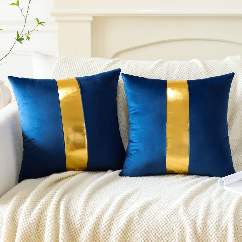 Navy Blue Velvet Throw Pillow Covers with Gold Leather Stitching Luxury Modern Minimalist Square Pillowcase Cushion