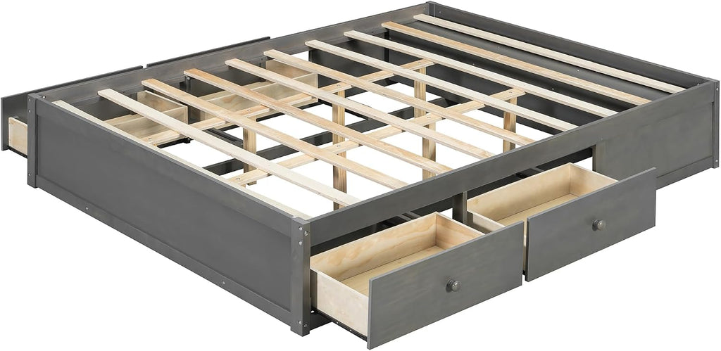Farmhouse Wood Bed Frame, Japanese Low Platform Wooden Beds Frames with 4 Drawers & Concealed Hydraulic