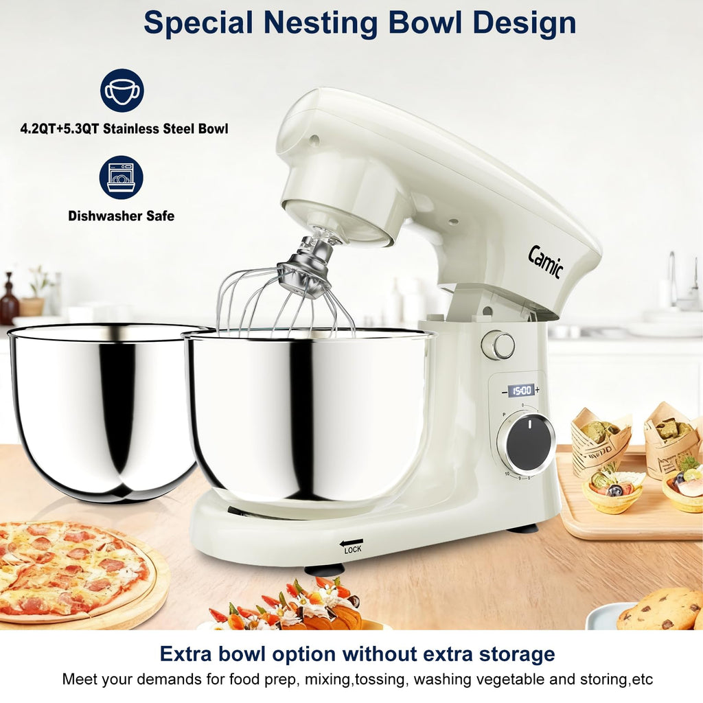 Stand Mixer, 4.2QT+5.3QT Two bowls Electric Mixer,White