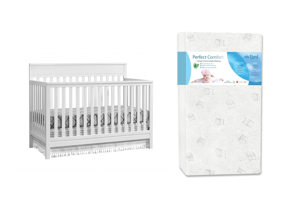 2 PC Nursery Set 4-in-1 Convertible Baby Crib, Barn White, GreenGuard Gold Certified + Perfect Comfort