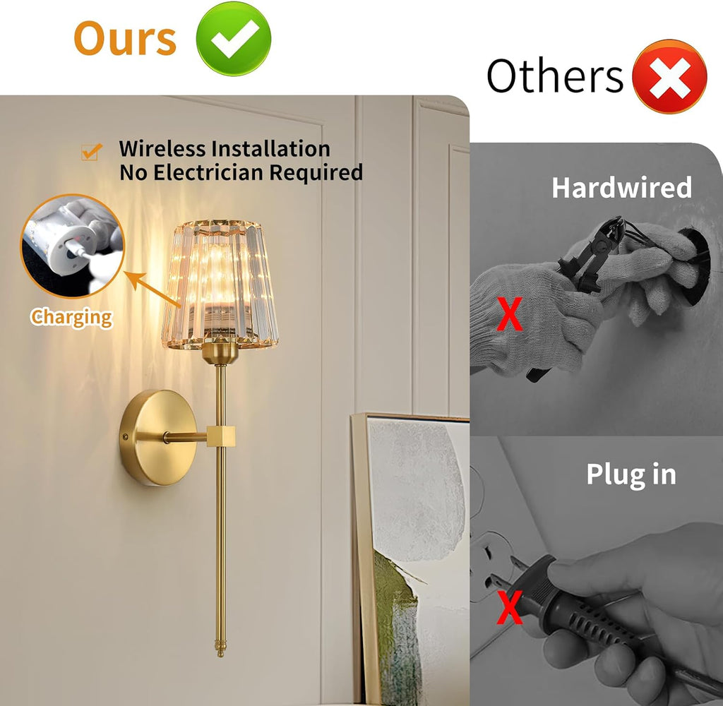 Battery Operated Crystal Wall Sconces Set of 2, Gold Wireless Wall Sconce with USB Rechargeable LED Light Bulbs 12