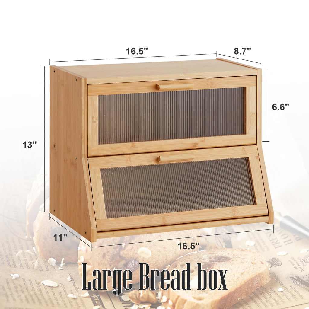 Double Layer Bamboo Counter,Large Capacity Bread Storage Bin,Bread Container with Acrylic Wavy Door Panel (Natural