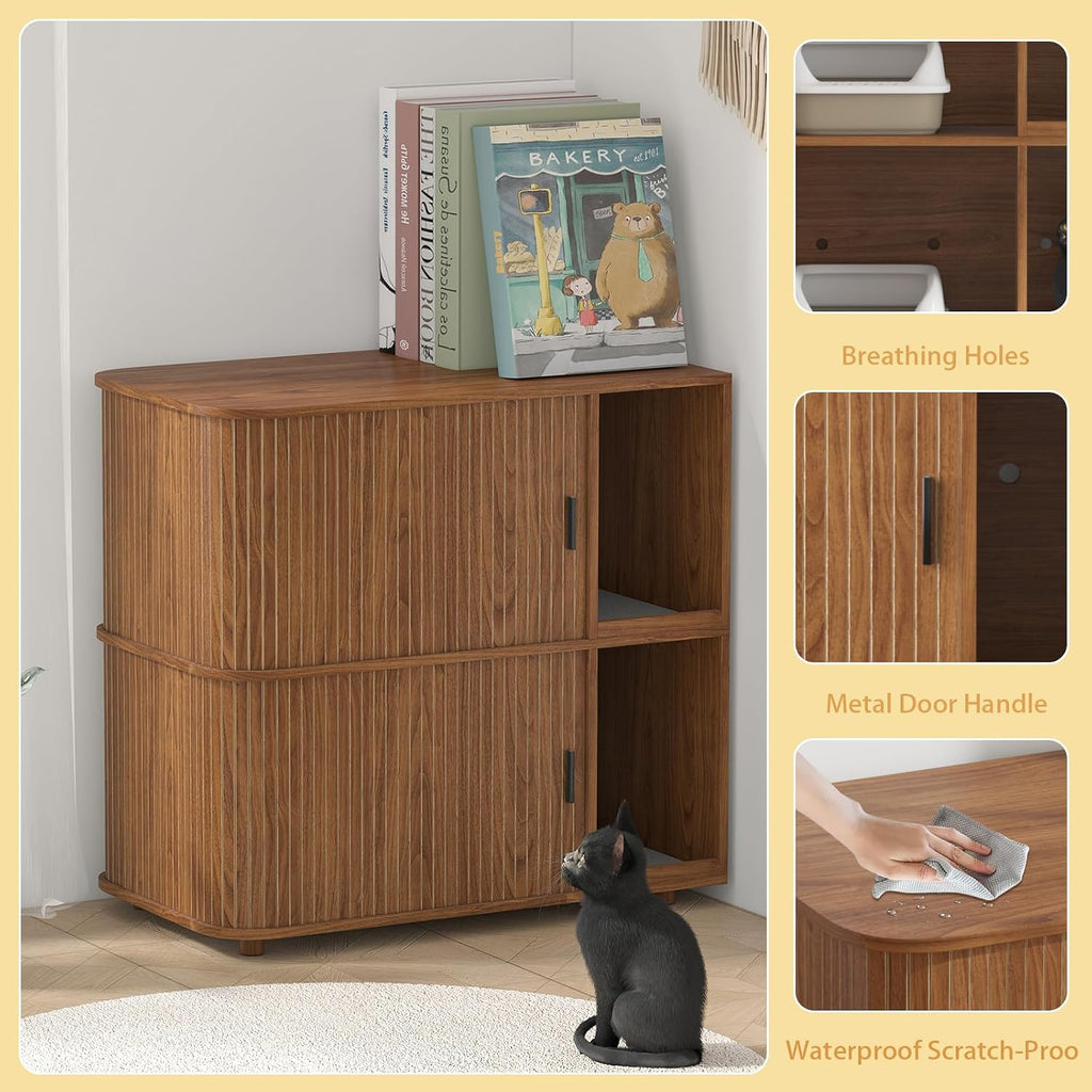 Double Cat Litter Box Enclosure with Sliding Doors & Ventilation, Walnut