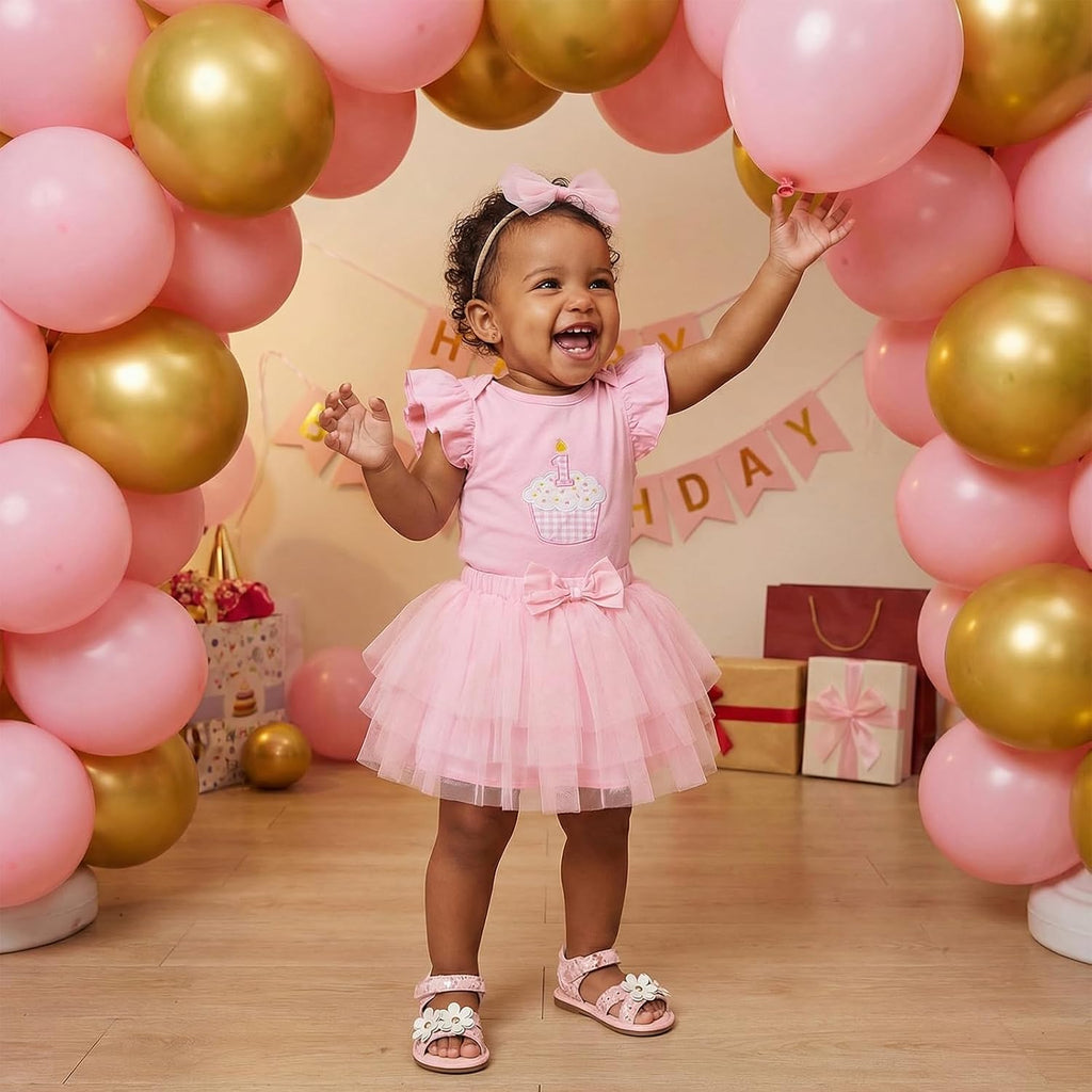 Infant Baby Girl First Birthday Outfit 1 Cake Short Sleeve Romper Bodysuit Mesh Tutu Skirt Headband Set