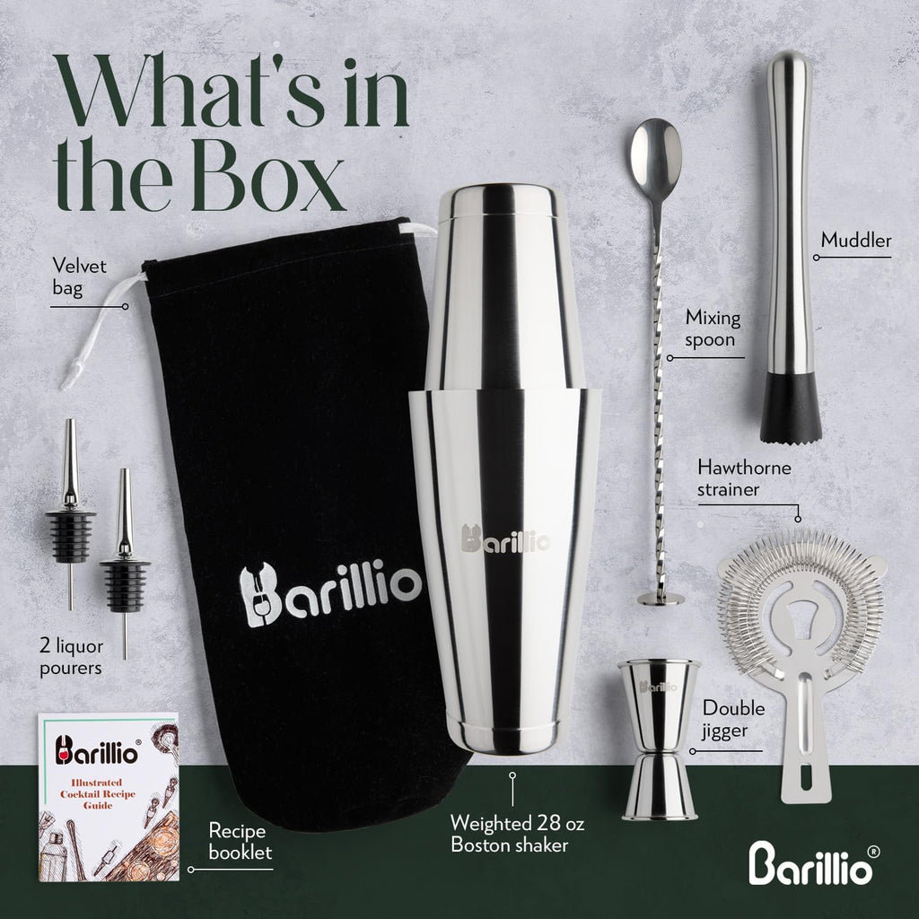 Boston Shaker Set - Stainless-Steel, Weighted, Martini Cocktail Shaker Set w/Strainer & Mixer - Mixology Bartender