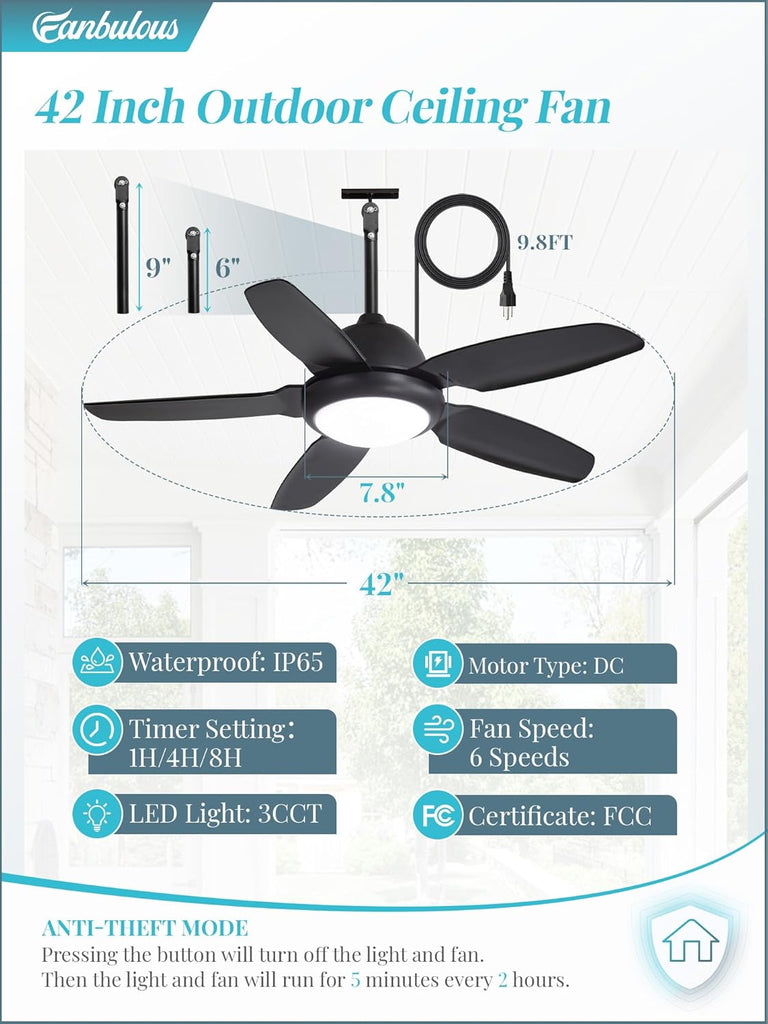 42 Inch Waterproof Outdoor Ceiling Fan with Lights and Remote,IP65 Hanging Gazebo Fan with 3CCT 6-Speed DC Motor,Black Wet Rated Plug in Ceiling Fan with Cord for Patios Porch Pergola A101-B0DPHGLJP5