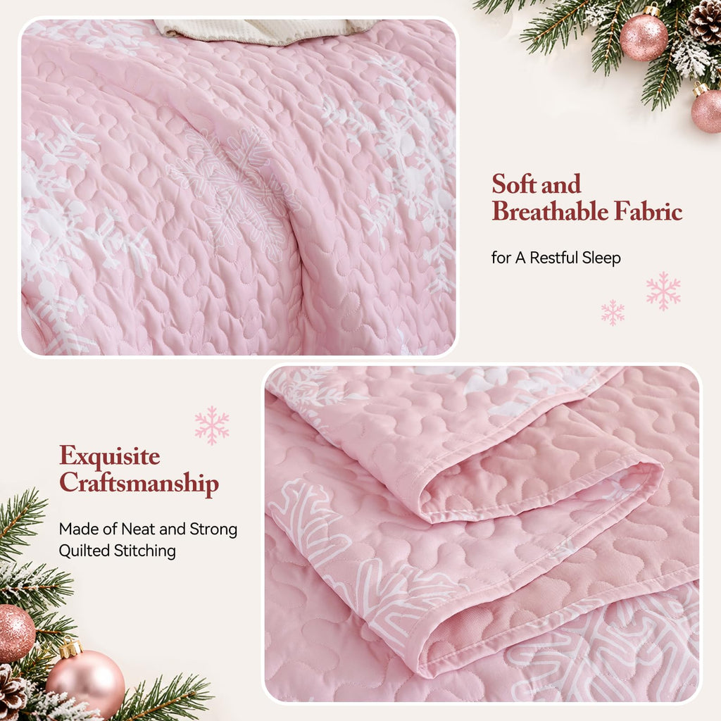 Christmas Quilt Set King Size, Pink Snowflake Christmas Bedding