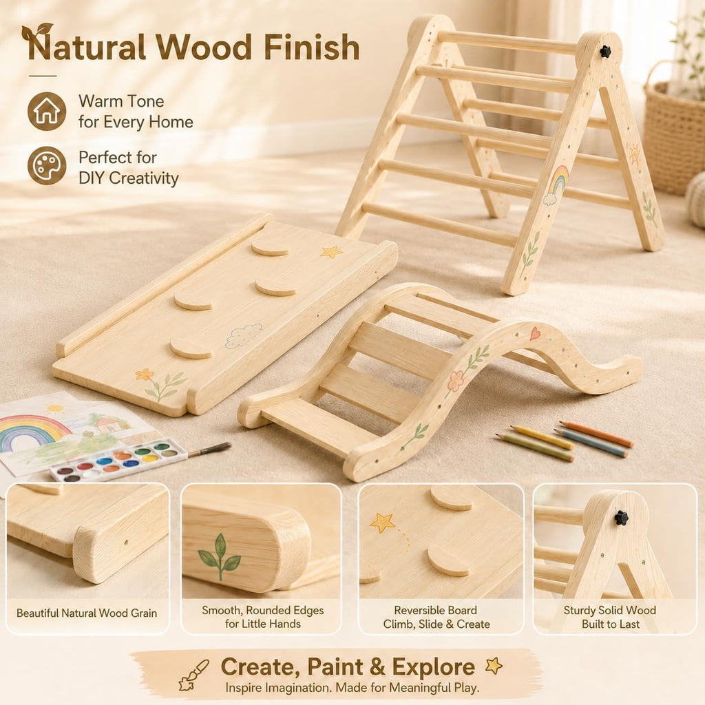 Wooden Toddler Climbing Set Indoor, in-1 Foldable Climber Playset with Triangle Ladder, Arch, Ramp and Slide, Birch