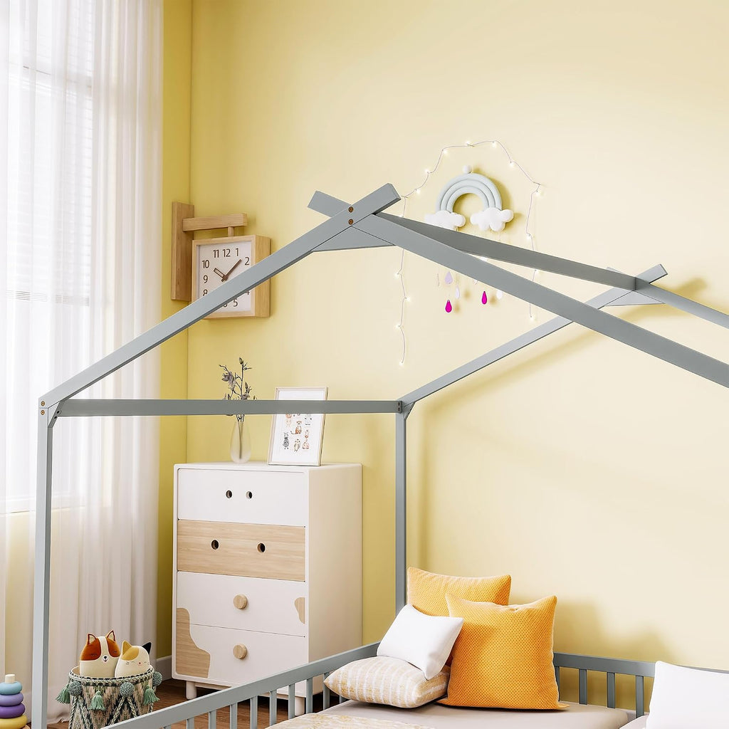 Double Tw Floor Bed for 2 Kids with Guardrails, Grey