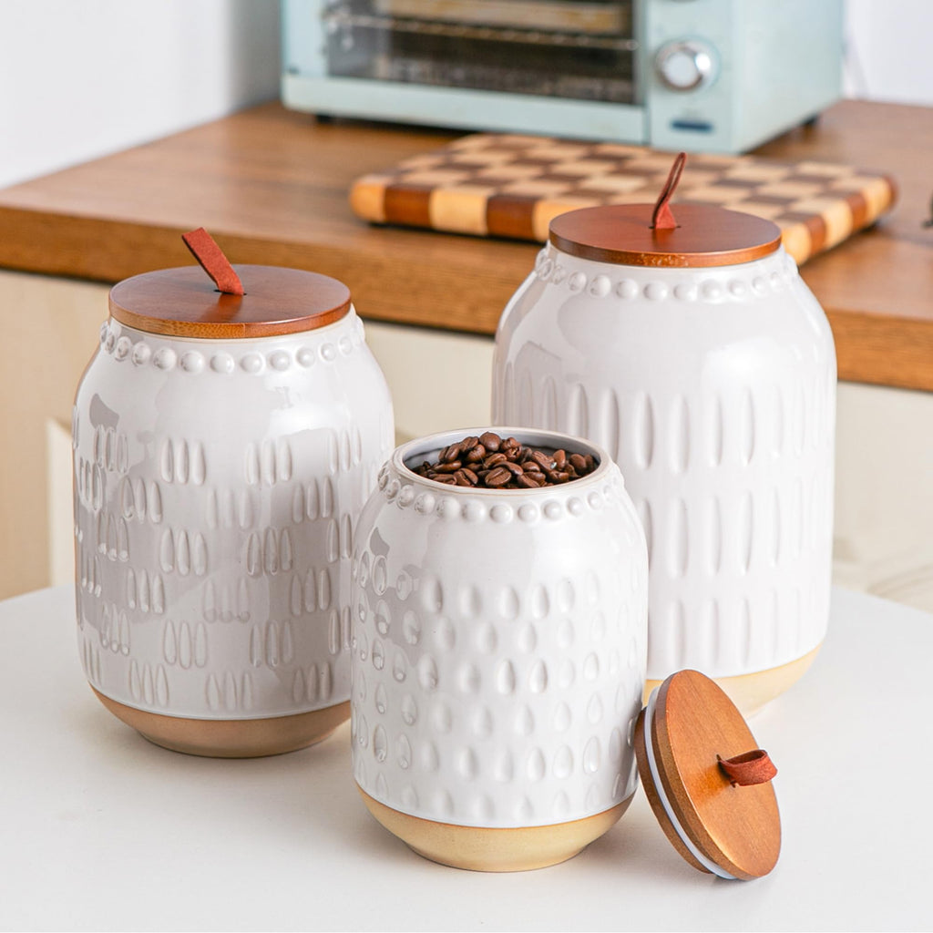 Ceramic Canister Set, 3-Piece White Jars with Bamboo Lids