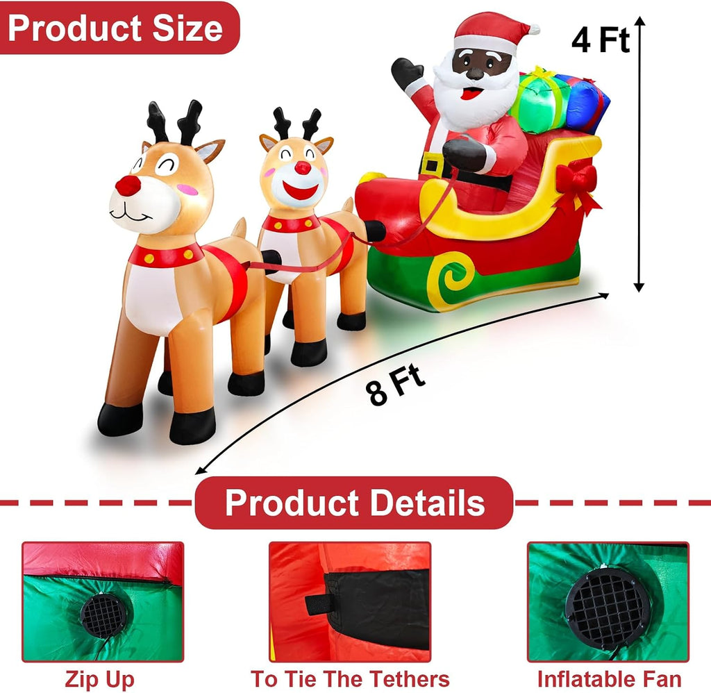 8 Ft Long Christmas Inflatables Black Santa Claus On Sleigh with Reindeer