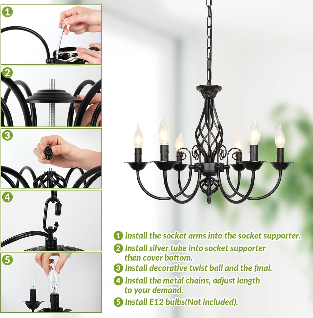 6-Light Farmhouse Candle Chandelier for Living Room, Rustic Industrial Pendant Ceiling Light fixture