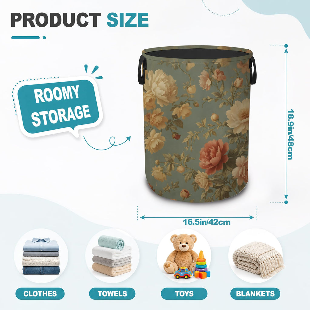 Vintage Peony Floral Dirty Clothes Hamper, Foldable Laundry Basket with Handles, Farmhouse Rustic Waterproof Oxford