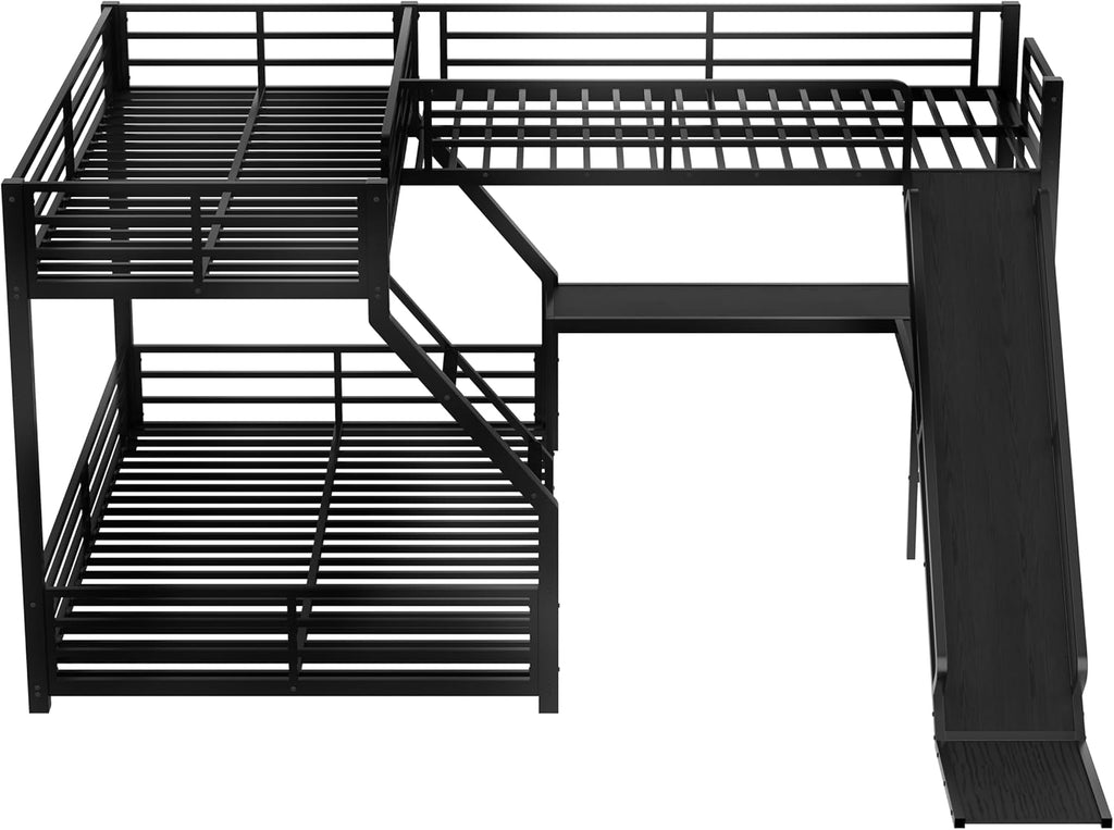 Twin XL Over Queen Bunk Bed Frame with Twin Loft Beds, Heavy Duty Triple Bunk Bed with Slide